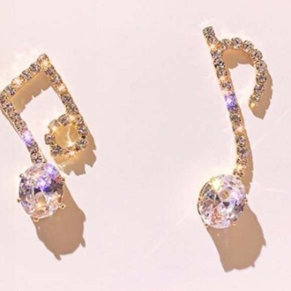 Music Notes Earrings in Gold Zinc Alloy & Crystals.  Beam Quaver, 8th Notes - Picture 4 of 13